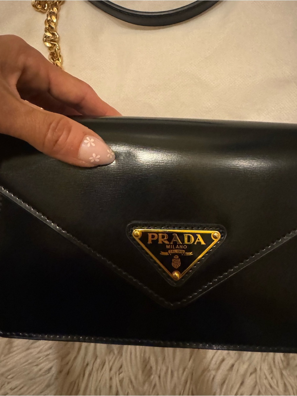 Prada Black Leather Shoulder Bag with Gold-Tone Chain and Logo Plaque - Picture 3 of 8